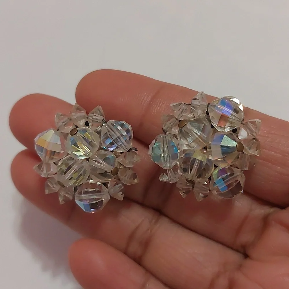Vintage Germany AB Rhinestones Aurora Borealis Clip On Earrings - Picture 4 of 7